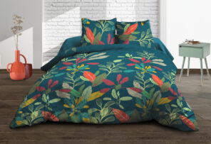 Parure Drap plat + drap-housse 160x200 + 2 T - Pur coton 57 fils - Acapulco
