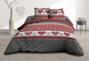 Parure Drap plat + drap-housse 140x190 + 2 T - Pur coton 57 fils - Coeurs rouge