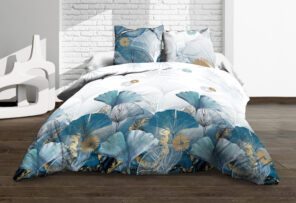 Parure Drap plat + drap-housse 160x200 + 2 T - Pur coton 57 fils - Ginko bleu